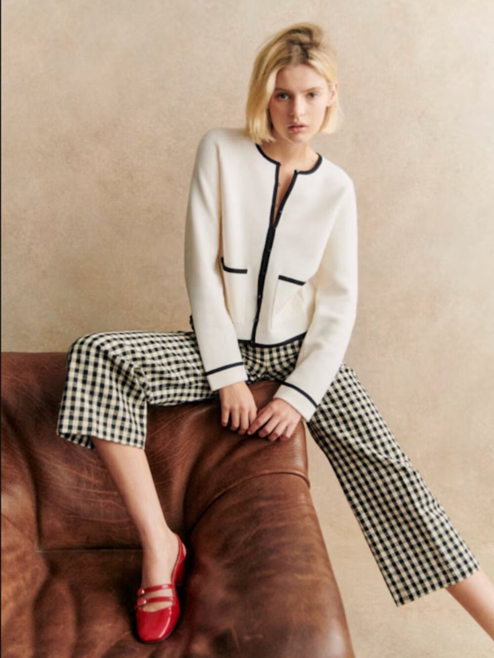 Sézane Cardigan in Ecru with Black trim Size S